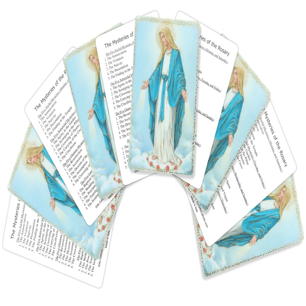 Gifts Catholic, Inc. Pack of 10 - Our Lady of Grace, The Mysteries of the Rosary Prayer Card - 3-3/8" PVC Full Color with Gold Accents Holy Prayer Card, Wallet Sized Print, Made in Italy