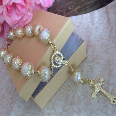 10 of Baptism Favors 14mm Crystal Pearls Ivory Color Gold Plated/Communion Favors Recuerditos De Bautismo/Christening Favors/Decenarios/Decades/Finger Rosaries