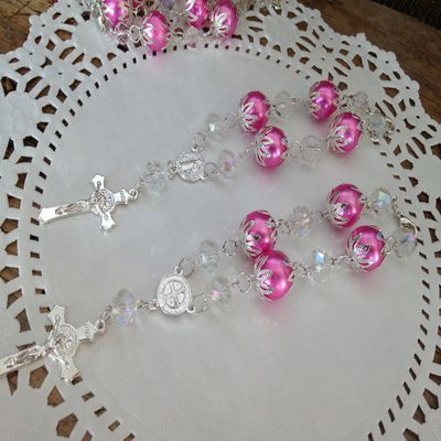 12 Pc Baptism Favors Crystal and Pearls Pink Silver Plated/Communion Favors Recuerditos De Bautismo/Christening Favors/Decenarios/Decades/Finger Rosaries