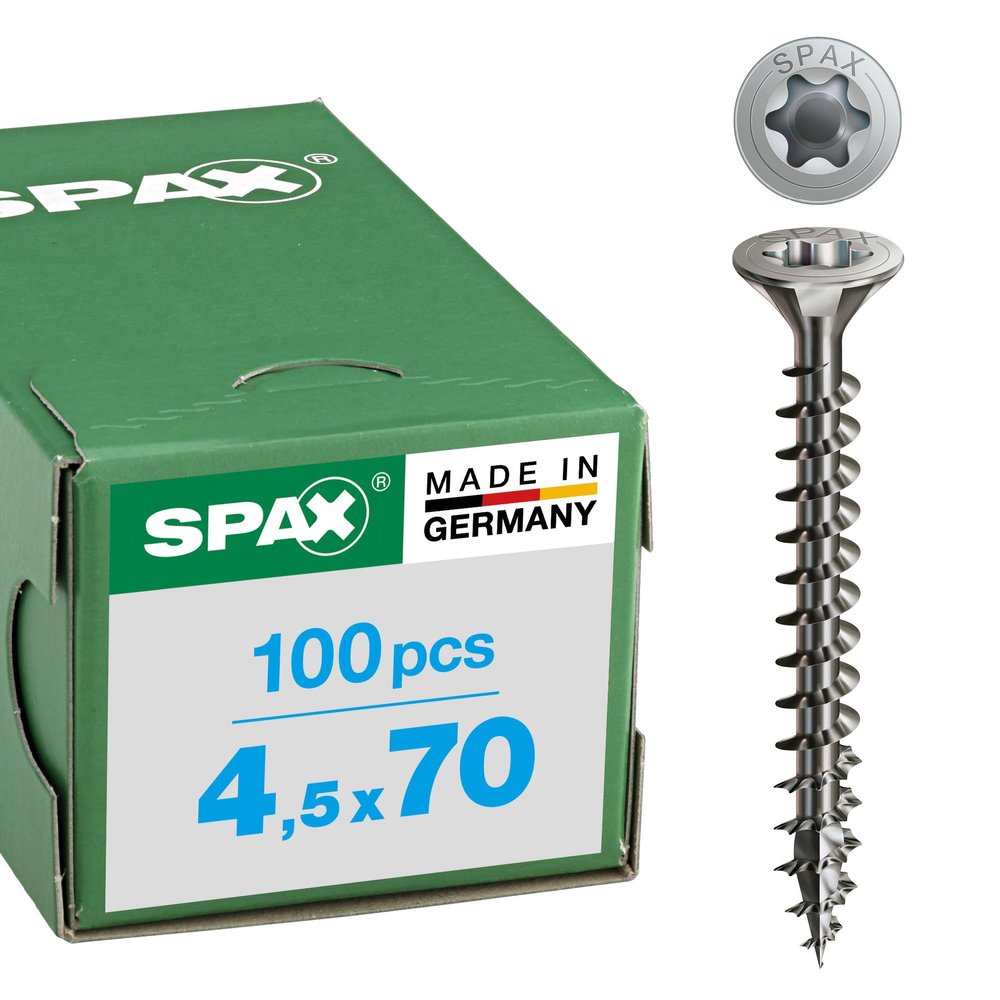 SPAX T-Star Plus 1197000450703 Universal Screw Stainless Steel A2 4.5 x 70 mm Pack of 100 Countersunk Head Fully Threaded 4CUT