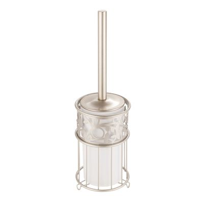 iDesign Vine Metal Toilet Bowl Brush and Holder for Bathroom Cleaning and Storage, 5" x 5" x 16.75" - Vanilla White and Satin Silver