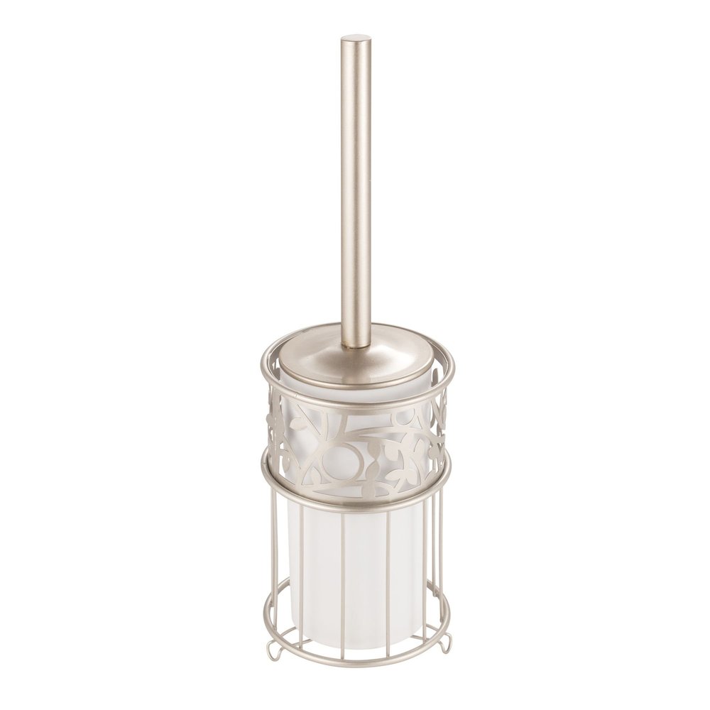 iDesign Vine Metal Toilet Bowl Brush and Holder for Bathroom Cleaning and Storage, 5" x 5" x 16.75" - Vanilla White and Satin Silver