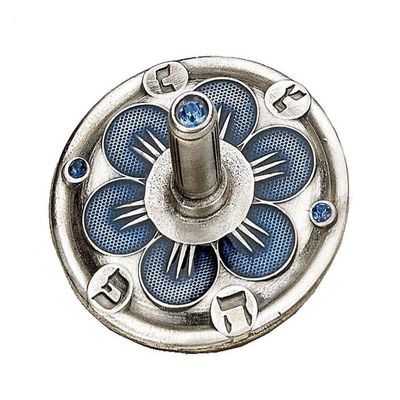 Judaica Place Chanukah Alloyed Metal Teal Flower Dreidel in Blue