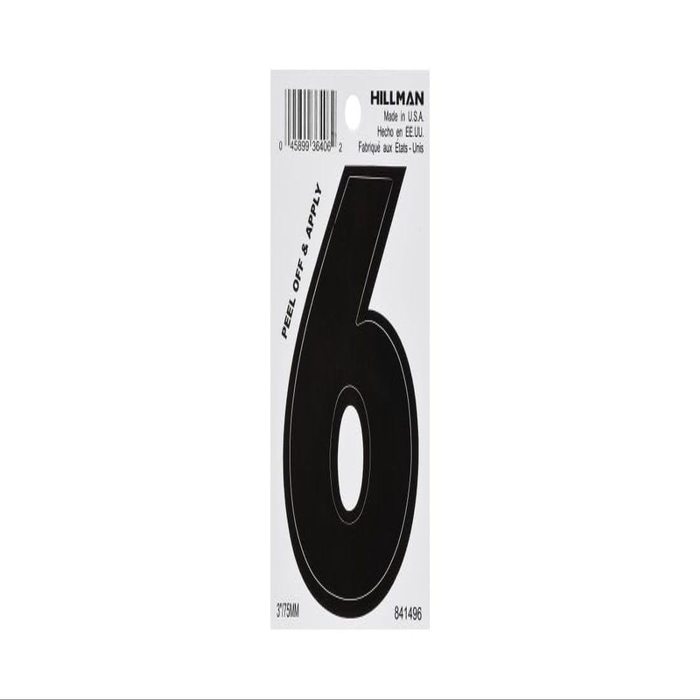 Hillman 841496 Number 6 Wide Style Die-Cut Peel Off Sign, Black Gloss Finish Waterproof Vinyl, 3 inches 1-Sign