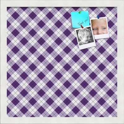 PinPix 16x16 Custom Cork Bulletin Board Argyle Purple Poster Board with a Canvas Style Photo Board, Framed in Satin White Frame (PinPix-633)