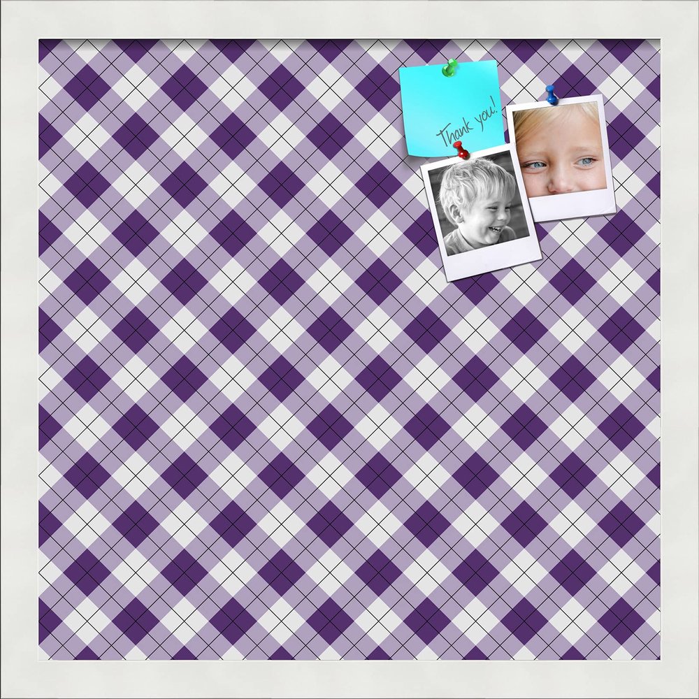 PinPix 16x16 Custom Cork Bulletin Board Argyle Purple Poster Board with a Canvas Style Photo Board, Framed in Satin White Frame (PinPix-633)