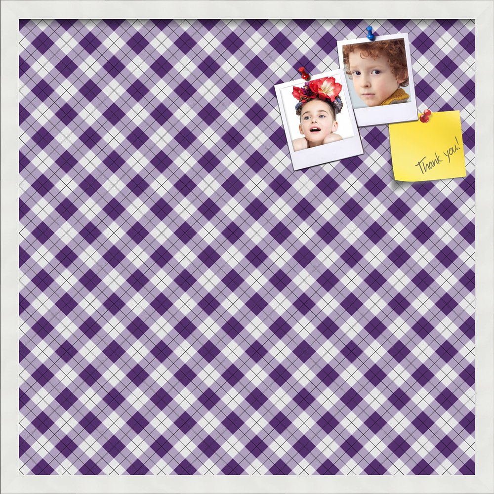 PinPix 24x24 Custom Cork Bulletin Board Argyle Purple Poster Board with a Canvas Style Photo Board, Framed in Satin White Frame (PinPix-633)