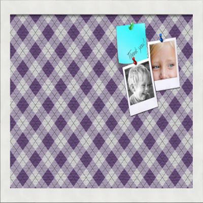 PinPix 18x12 Custom Cork Bulletin Board Argyle Purple Poster Board with a Canvas Style Photo Board, Framed in Satin White Frame (PinPix-633)