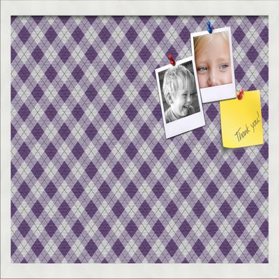 PinPix 24x16 Custom Cork Bulletin Board Argyle Purple Poster Board with a Canvas Style Photo Board, Framed in Satin White Frame (PinPix-633)