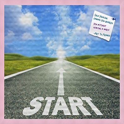 Decorative bulletin board made from self-healing canvas by PinPix, Start your journey here printed at 30x20 and framed in Baby Pink Stain on Beech