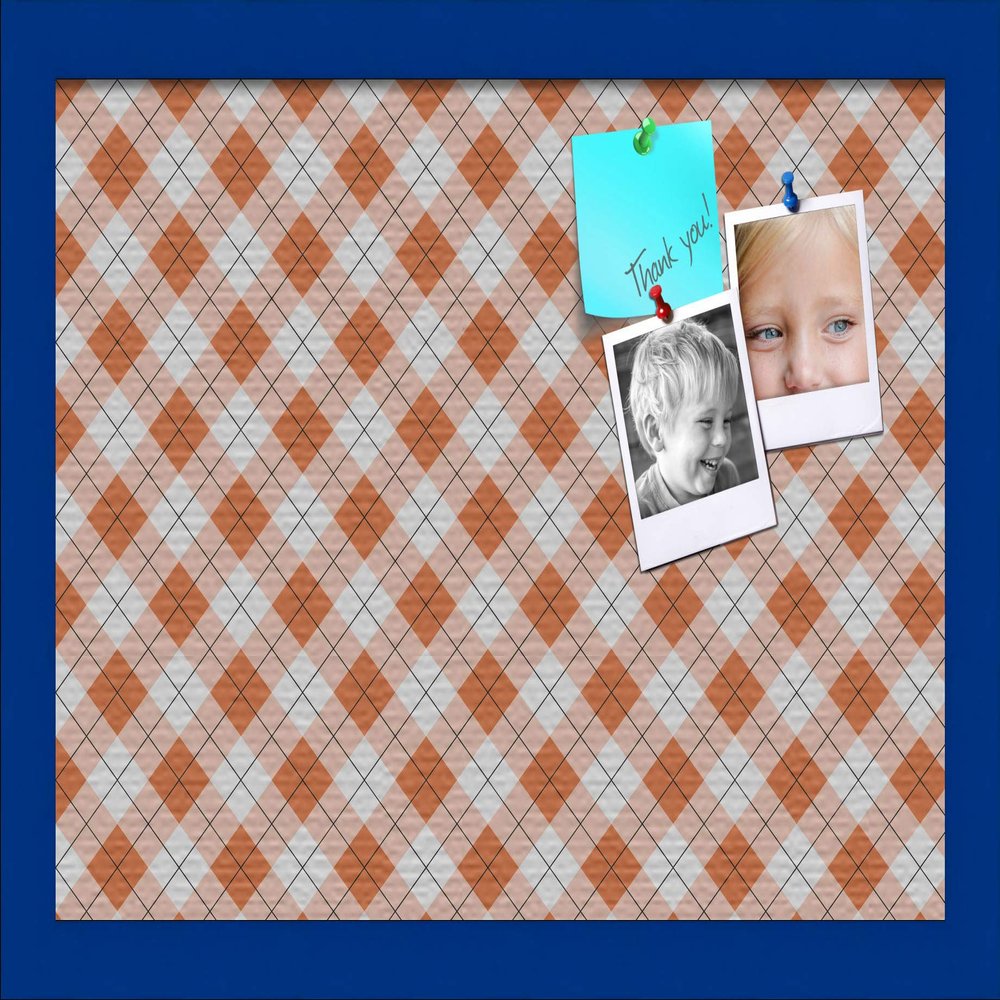 ArtToFrames 18x12 Inch Custom Cork Bulletin Board. This Argyle Burnt Orange Pin Board Comes with a Fabric Style Canvas Finish, in a Blue Stain on Beech Frame (PinPix-634-18x12_0066-81792-YBLU)