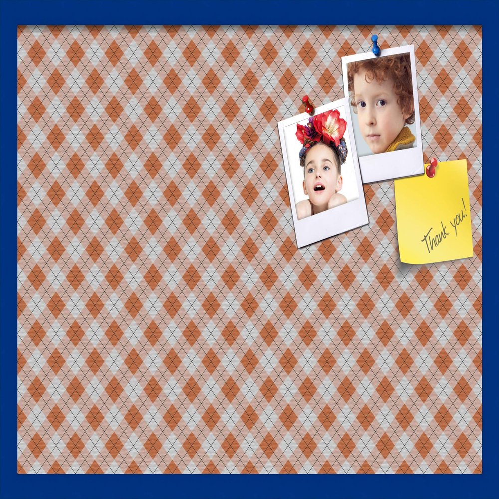 ArtToFrames 30x20 Inch Custom Cork Bulletin Board. This Argyle Burnt Orange Pin Board Comes with a Fabric Style Canvas Finish, in a Blue Stain on Beech Frame (PinPix-634-30x20_0066-81792-YBLU)
