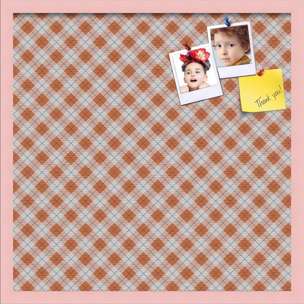 ArtToFrames 24x24 Inch Custom Cork Bulletin Board. This Argyle Burnt Orange Pin Board Comes with a Fabric Style Canvas Finish, in a Baby Pink on Beech Frame (PinPix-634-24x24_0066-81792-YPNK)