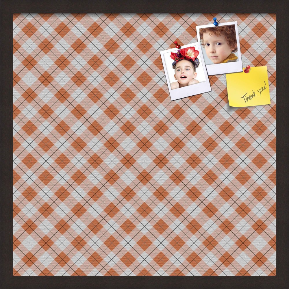 ArtToFrames 20x20 Inch Custom Cork Bulletin Board. This Argyle Burnt Orange Pin Board Comes with a Fabric Style Canvas Finish, in a Coffee Frame (PinPix-634-20x20_FRBW26061)