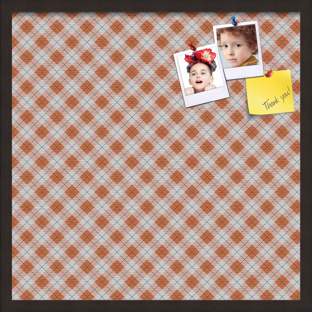 ArtToFrames 24x24 Inch Custom Cork Bulletin Board. This Argyle Burnt Orange Pin Board Comes with a Fabric Style Canvas Finish, in a Coffee Frame (PinPix-634-24x24_FRBW26061)