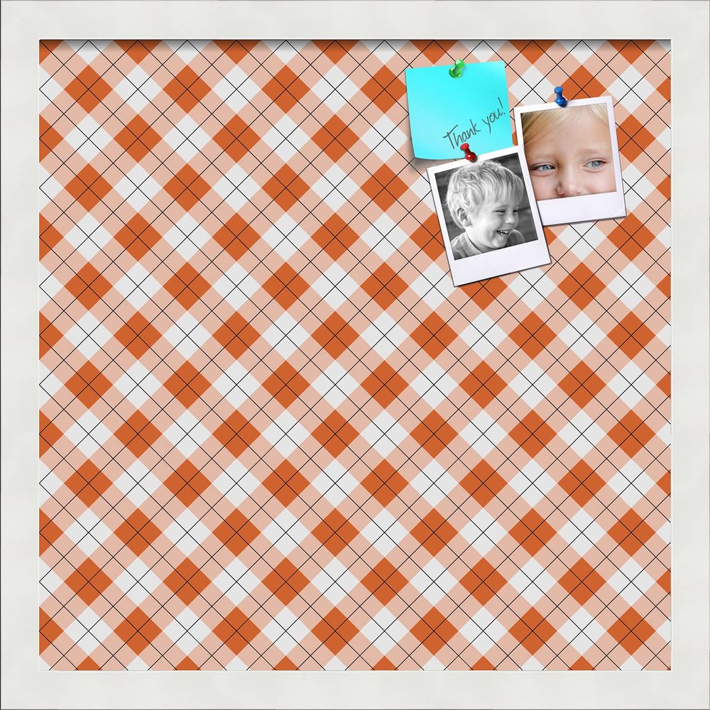 PinPix 16x16 Custom Cork Bulletin Board Argyle Burnt Orange Poster Board with a Canvas Style Photo Board, Framed in Satin White Frame (PinPix-634)