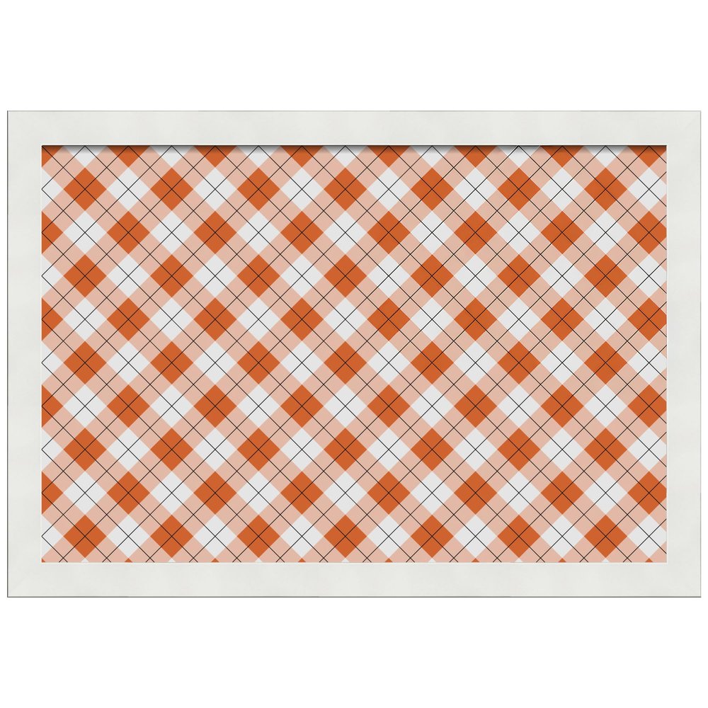 PinPix 18x12 Custom Cork Bulletin Board Argyle Burnt Orange Poster Board with a Canvas Style Photo Board, Framed in Satin White Frame (PinPix-634)