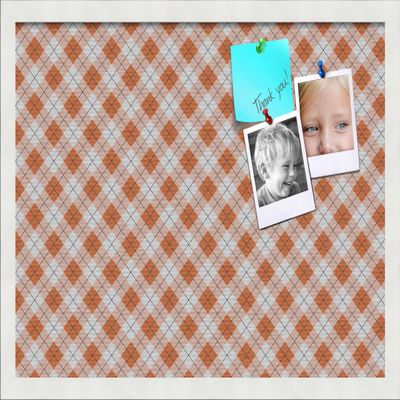 PinPix 24x16 Custom Cork Bulletin Board Argyle Burnt Orange Poster Board with a Canvas Style Photo Board, Framed in Satin White Frame (PinPix-634)