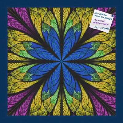 Decorative bulletin board made from self-healing canvas by PinPix, Fractal Psychedelic Flower printed at 16x16 and framed in Blue Stain on Beech