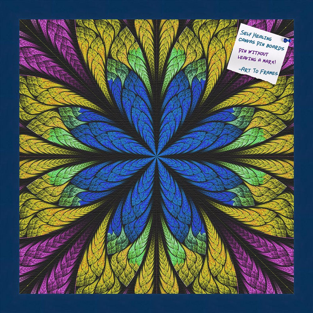 Decorative bulletin board made from self-healing canvas by PinPix, Fractal Psychedelic Flower printed at 16x16 and framed in Blue Stain on Beech