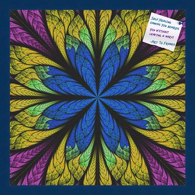 Decorative bulletin board made from self-healing canvas by PinPix, Fractal Psychedelic Flower printed at 20x20 and framed in Blue Stain on Beech