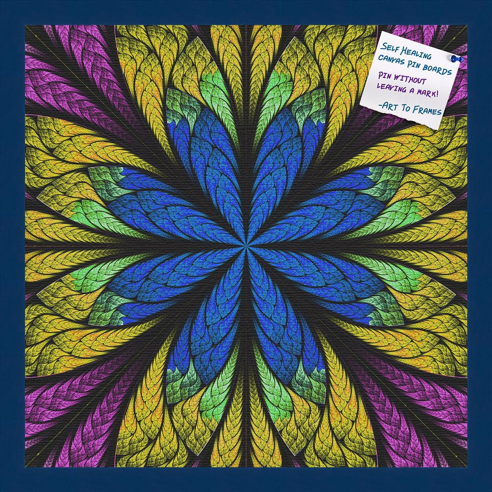 Decorative bulletin board made from self-healing canvas by PinPix, Fractal Psychedelic Flower printed at 20x20 and framed in Blue Stain on Beech