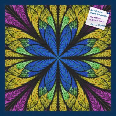 Decorative bulletin board made from self-healing canvas by PinPix, Fractal Psychedelic Flower printed at 24x24 and framed in Blue Stain on Beech