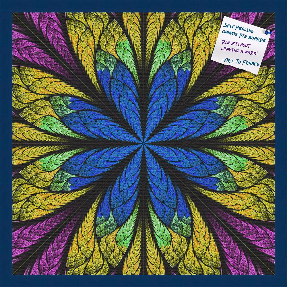 Decorative bulletin board made from self-healing canvas by PinPix, Fractal Psychedelic Flower printed at 24x24 and framed in Blue Stain on Beech