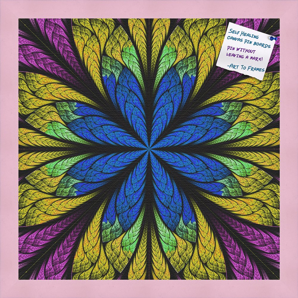 Decorative bulletin board made from self-healing canvas by PinPix, Fractal Psychedelic Flower printed at 16x16 and framed in Baby Pink Stain on Beech