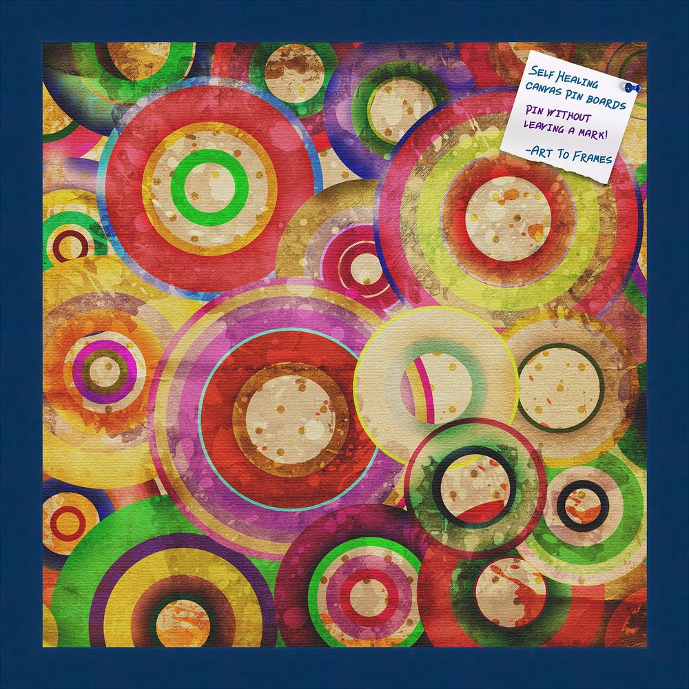 Decorative bulletin board made from self-healing canvas by PinPix, Psychedelic Retina Disc printed at 16x16 and framed in Blue Stain on Beech