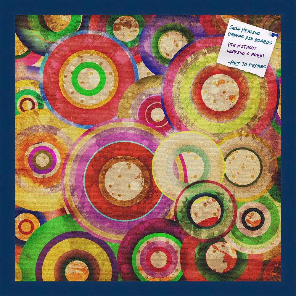 Decorative bulletin board made from self-healing canvas by PinPix, Psychedelic Retina Disc printed at 20x20 and framed in Blue Stain on Beech