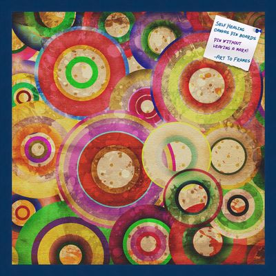 Decorative bulletin board made from self-healing canvas by PinPix, Psychedelic Retina Disc printed at 24x24 and framed in Blue Stain on Beech