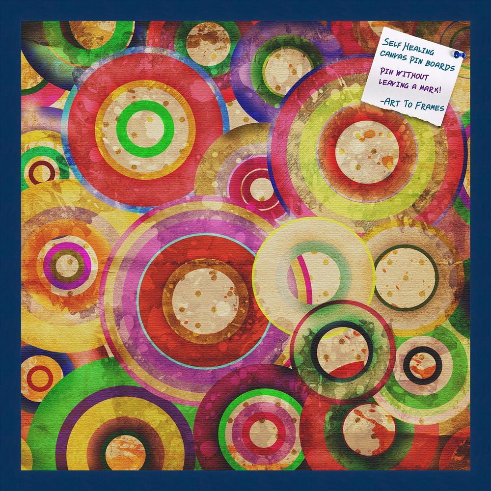 Decorative bulletin board made from self-healing canvas by PinPix, Psychedelic Retina Disc printed at 24x24 and framed in Blue Stain on Beech