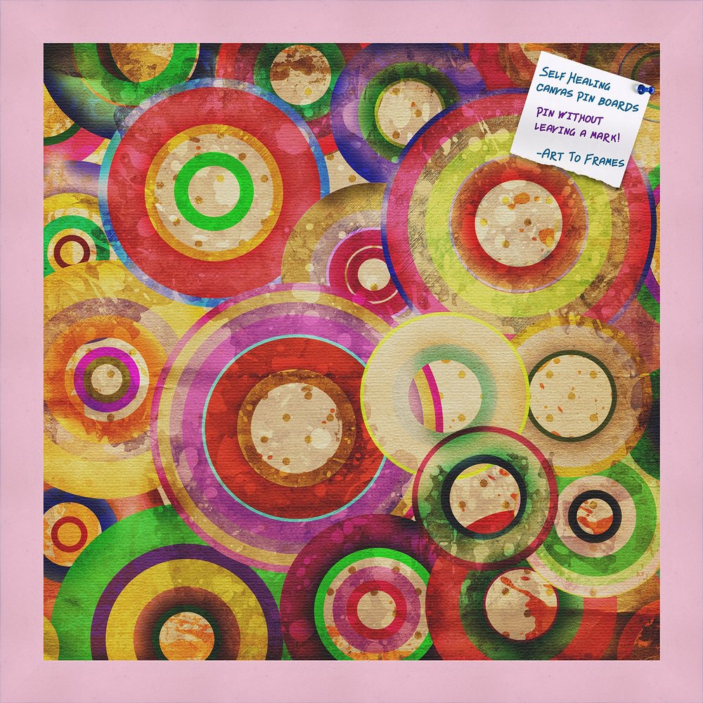Decorative bulletin board made from self-healing canvas by PinPix, Psychedelic Retina Disc printed at 16x16 and framed in Baby Pink Stain on Beech