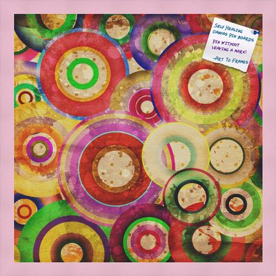 Decorative bulletin board made from self-healing canvas by PinPix, Psychedelic Retina Disc printed at 20x20 and framed in Baby Pink Stain on Beech