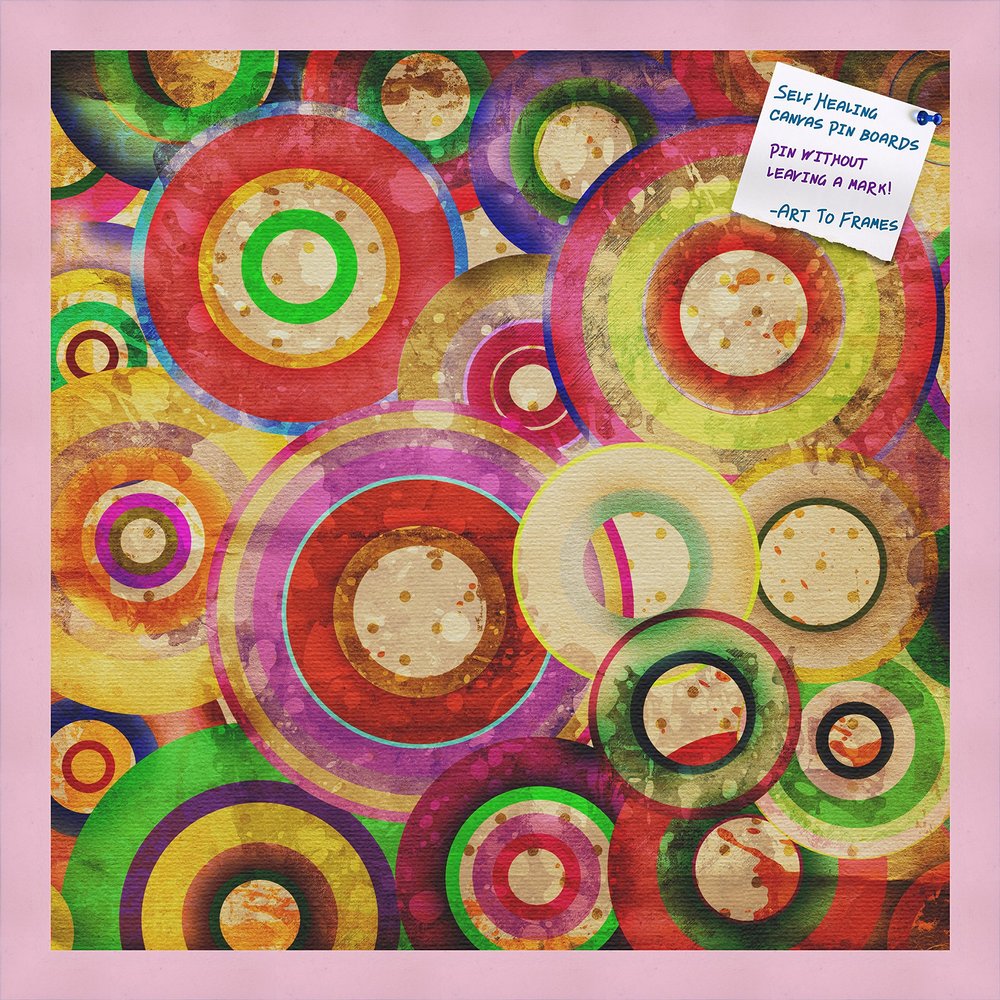 Decorative bulletin board made from self-healing canvas by PinPix, Psychedelic Retina Disc printed at 20x20 and framed in Baby Pink Stain on Beech