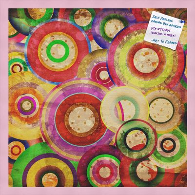 Decorative bulletin board made from self-healing canvas by PinPix, Psychedelic Retina Disc printed at 24x24 and framed in Baby Pink Stain on Beech