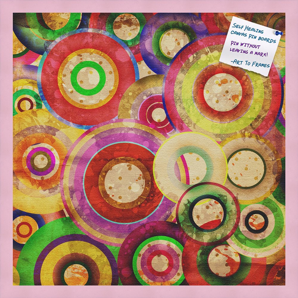 Decorative bulletin board made from self-healing canvas by PinPix, Psychedelic Retina Disc printed at 24x24 and framed in Baby Pink Stain on Beech