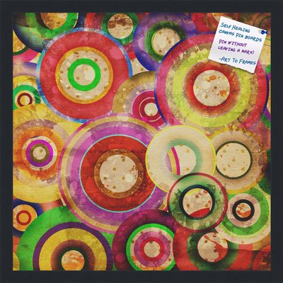 Decorative bulletin board made from self-healing canvas by PinPix, Psychedelic Retina Disc printed at 20x20 and framed in Satin Black