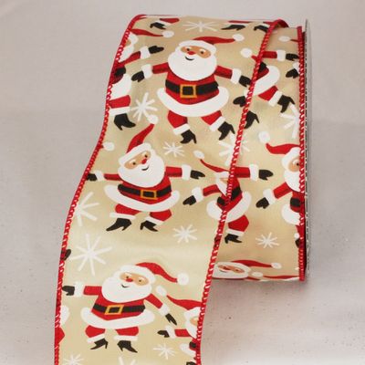 Gold and Cherry Red Santa Claus Print Wired Craft Ribbon 2.5" x 20 Yards