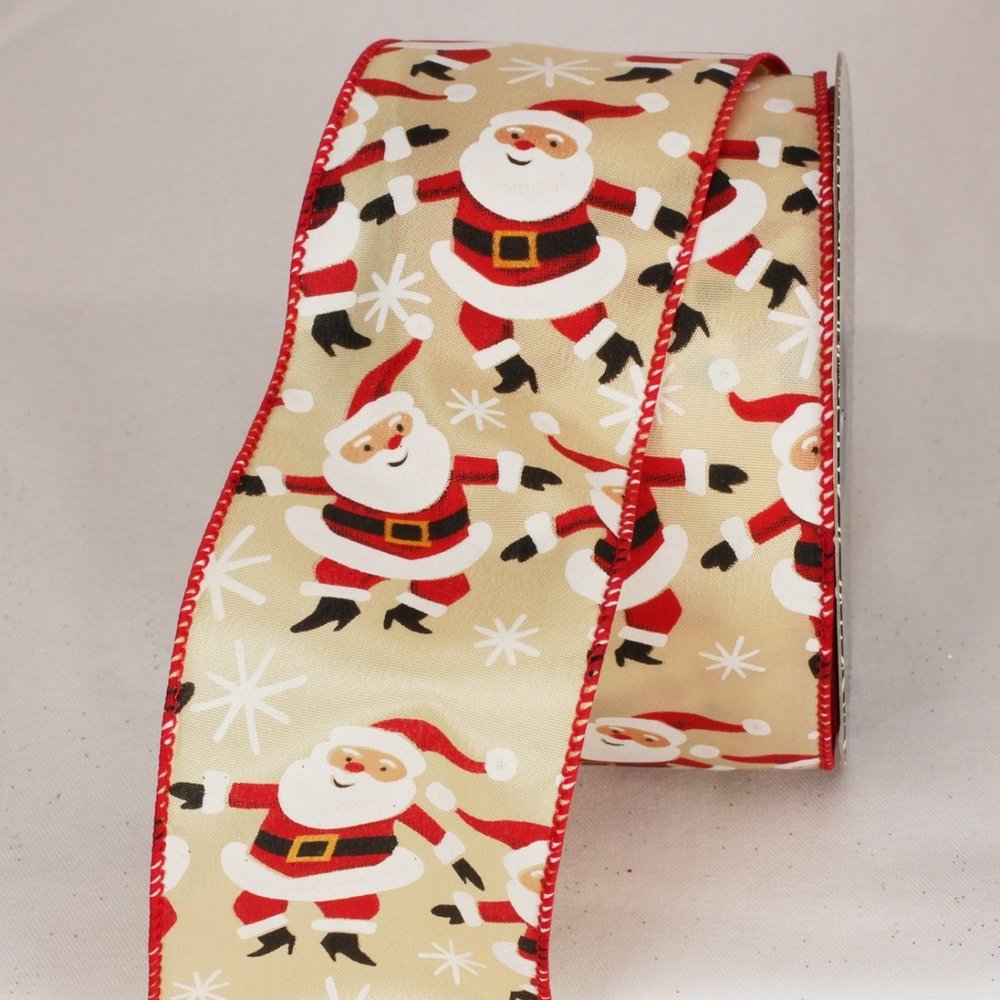 Gold and Cherry Red Santa Claus Print Wired Craft Ribbon 2.5" x 20 Yards