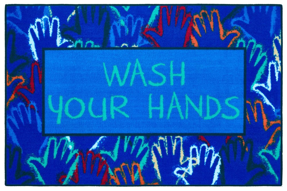 Carpets for Kids KID$Value 49.04 Wash Your Hands Classroom Valu Non-Slip Rug 4ft x 6ft Rectangle Blue