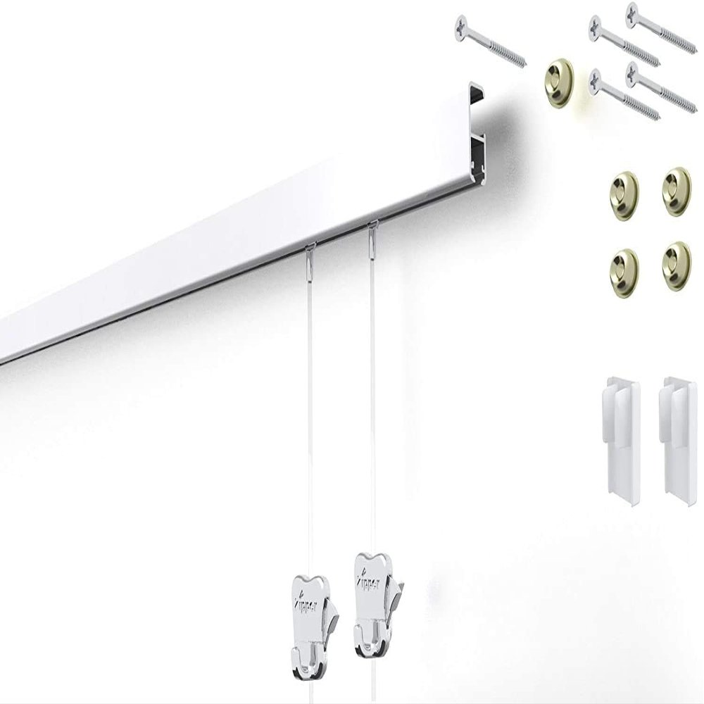 STAS Cliprail Pro Picture Hanging System Set White - Covers 4.92 ft of Wall Space - Heavy Duty Picture Rail & Art Hanging Gallery Kit Without Nails - for Home or Museum (Includes 2 Hooks & Cords)