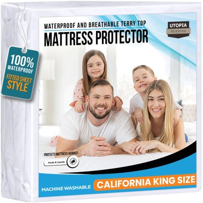 California King Size Mattress Protector Waterproof, Premium 200 GSM Terry Mattress Cover, Soft & Breathable Bed Cover, Fitted Sheet Style Stretchable Deep Pockets 17" by Utopia Bedding (White)