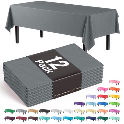 Exquisite 12-Pack Premium Plastic Tablecloth 54 Inch. x 108 Inch. Rectangle Table Cover - Silver