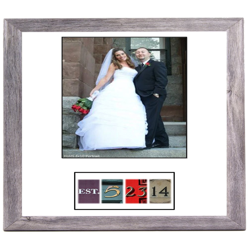 Creative Letter Art Dated Bride & Groom 8 by 10 inch Portrait Guest Book with DIY Unique Personalized Black & White Number Photographs, Cut and Tape- Including our 16 by 20 inch Frame w/Hanger