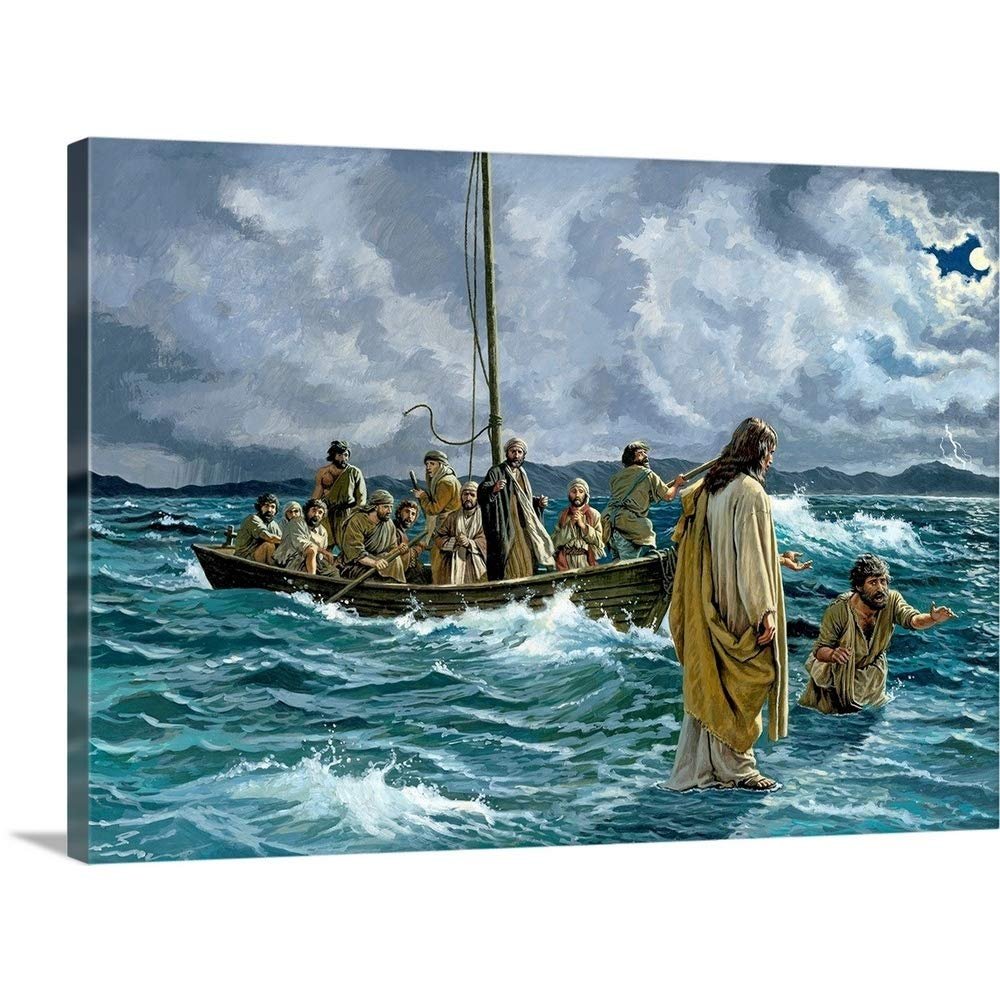 GREATBIGCANVAS Christ Walking on the Sea of Galilee Canvas Wall Art Print, Christian Home Decor Artwork, 48"x35"x1.5"