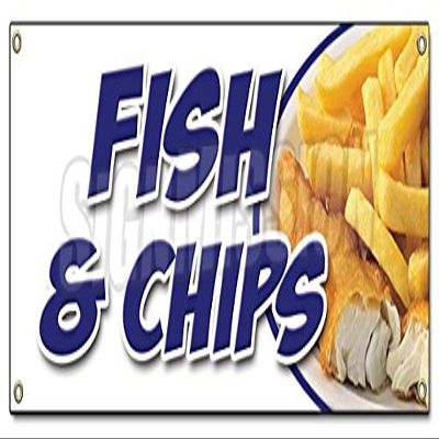 Fish & Chips Banner Sign Cod Haddock White Deep Fried Chips Takeaway