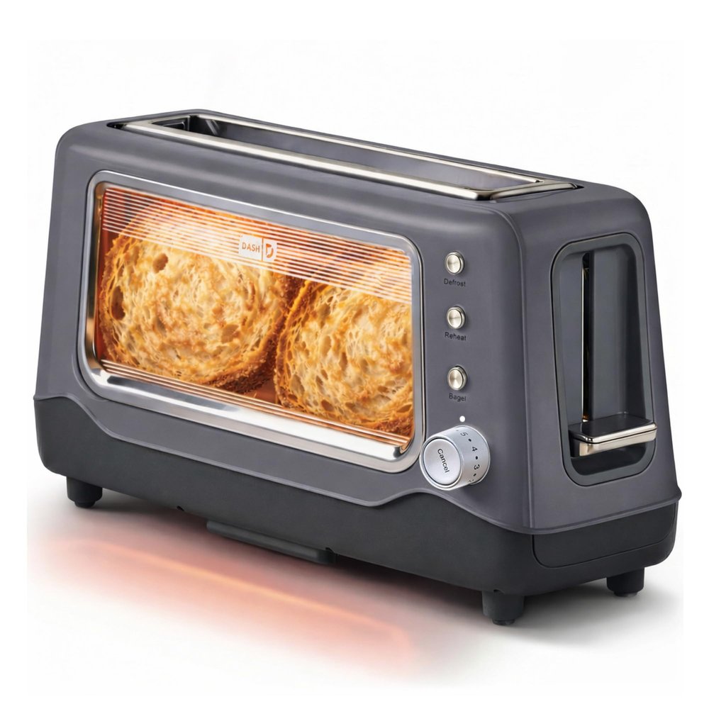 DASH Clear View Toaster: Extra Wide Slot Toaster with See Through Window - Defrost, Reheat + Auto Shut Off Feature for Bagels, Specialty Breads & other Baked Goods - Grey