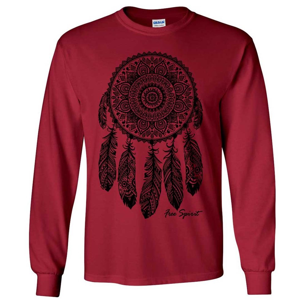 Native American Dreamcatcher Free Spirit Black Long Sleeve Shirt - Cardinal Red Large